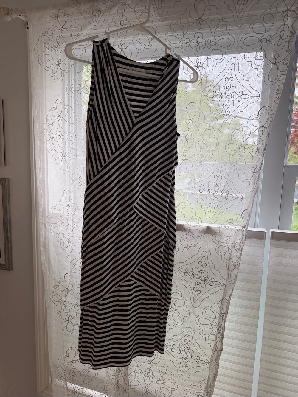 Calvin Klein Black and White Striped Midi Dress